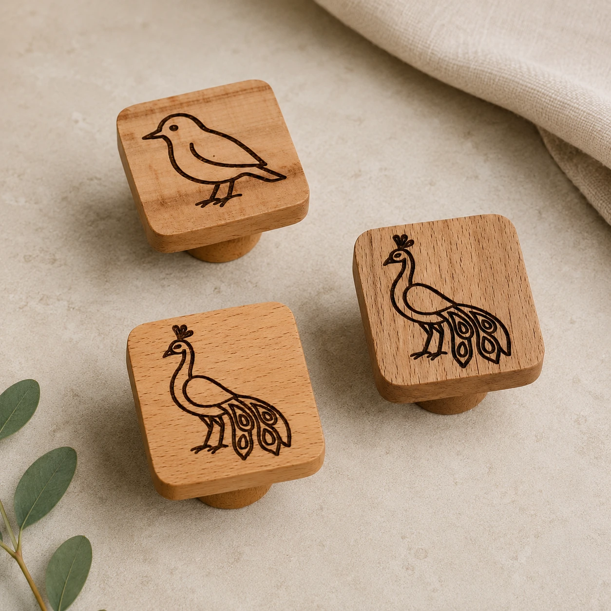 Bird Engraved Wooden Knob
